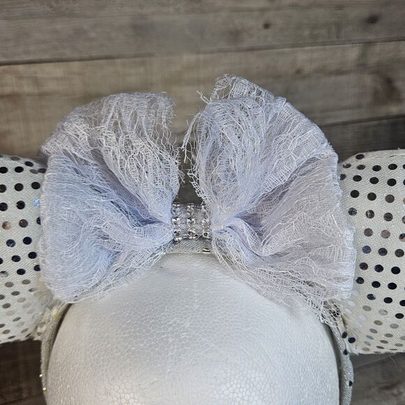Silver Disney Ears with White Lace Bow Minnie Mouse Ears Handmade - Picture 5 of 5